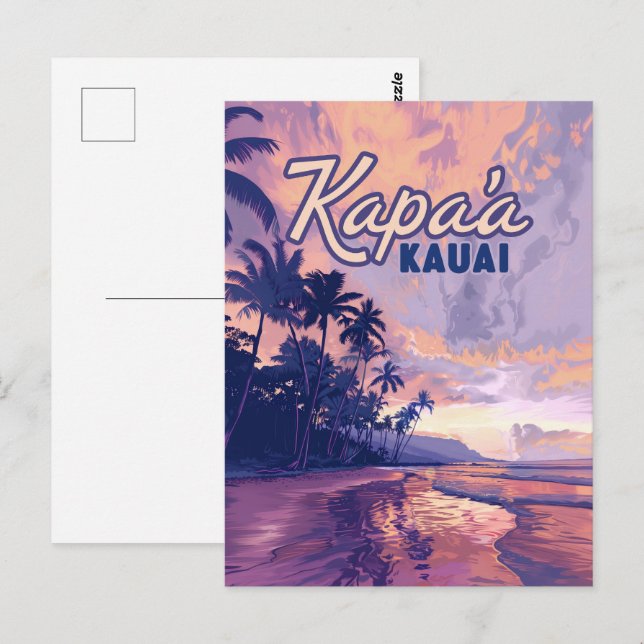 Kapaa Kauai Hawaii Beach Sunset Palm Tree Retro Postcard (Front/Back)