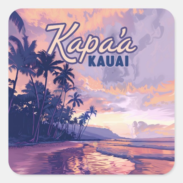 Kapaa Kauai Hawaii Beach Sunset Palm Tree Retro Square Sticker (Front)