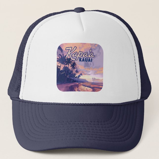 Kapaa Kauai Hawaii Beach Sunset Palm Tree Retro Trucker Hat (Front)