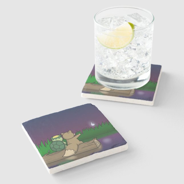 Kappa and Kitsune Sit at a Pond- Japanese Yokai Stone Coaster (Side)