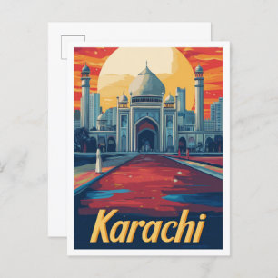 Karachi Pakistan Art Vintage Travel Illustration Postcard