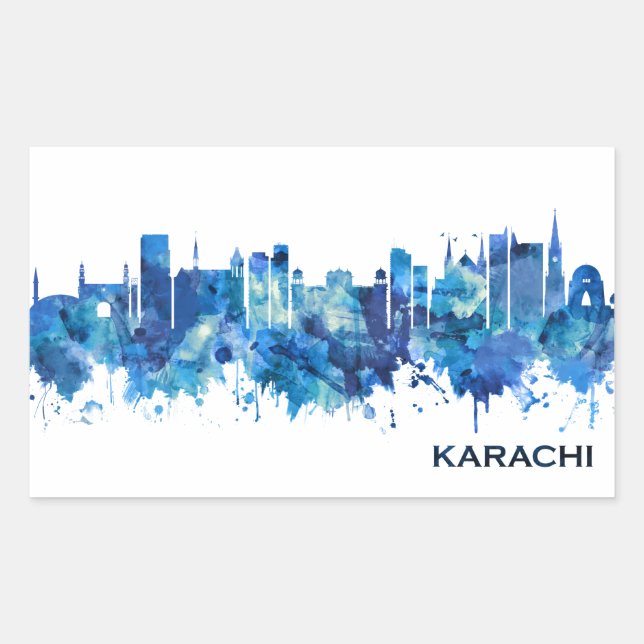 Karachi Pakistan Skyline Blue Rectangular Sticker (Front)