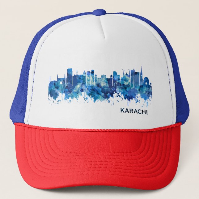 Karachi Pakistan Skyline Blue Trucker Hat (Front)