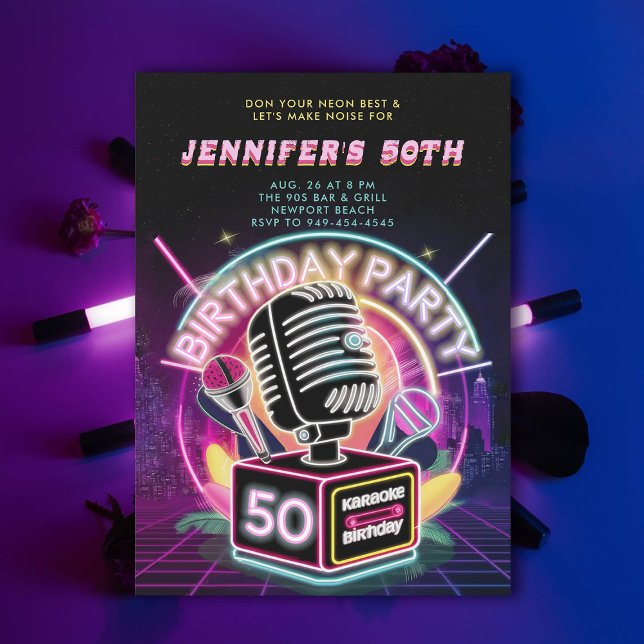 Karaoke 90s Neon Glow Millennial 50th Birthday Invitation (karaoke neon glow 50th birthday invitation 90s millennial arcade)