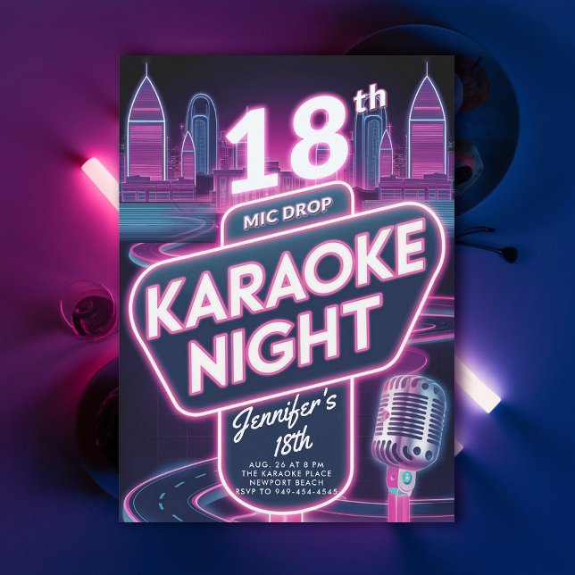 Karaoke 90s Neon Pink Glow Y2K 18th Birthday Invitation (18th birthday party for girls karaoke night neon glow 90s millenial y2k funky chic)