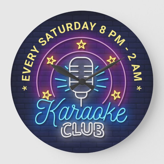 Karaoke Club Neon Look Illustration, Custom Text Large Clock (Front)