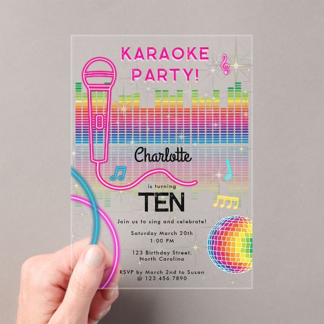 Karaoke Neon Glow Birthday Singing Music Party  Acrylic Invitations (Insitu (Handheld))