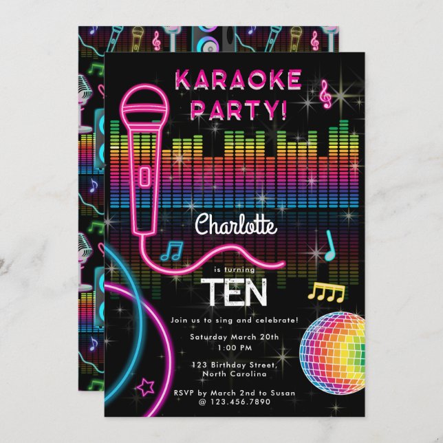 Karaoke Neon Glow Birthday Singing Music Party  Invitation (Front/Back)