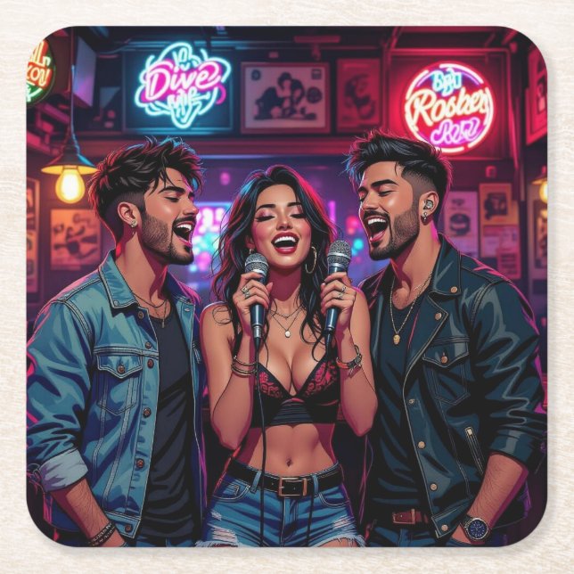 Karaoke Night at the Dive Bar Square Paper Coaster (Front)