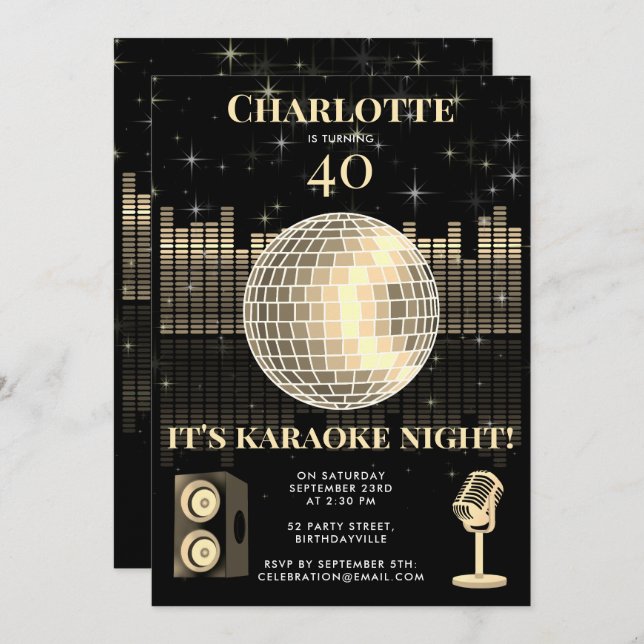 Karaoke Night Black Gold 40th Disco Birthday Party Invitation (Front/Back)