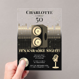 Karaoke Night Black Gold 50th Disco Birthday Party Acrylic Invitations