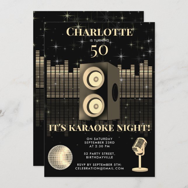 Karaoke Night Black Gold 50th Disco Birthday Party Invitation (Front/Back)
