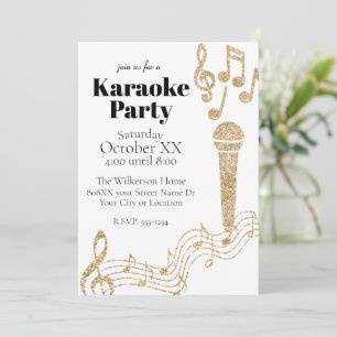 Karaoke Party Gold Glitter Music Notes on White Invitation
