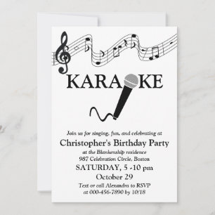 Karaoke Party Musical Scale Microphone Black White Invitation