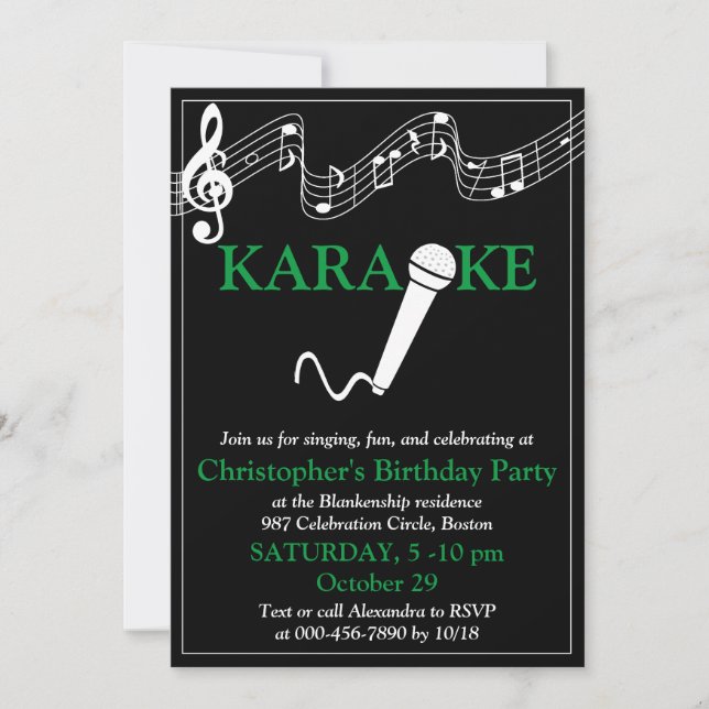 Karaoke Party Musical Scale Microphone Green Invitation (Front)