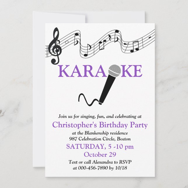 Karaoke Party Musical Scale Microphone Purple Invitation (Front)