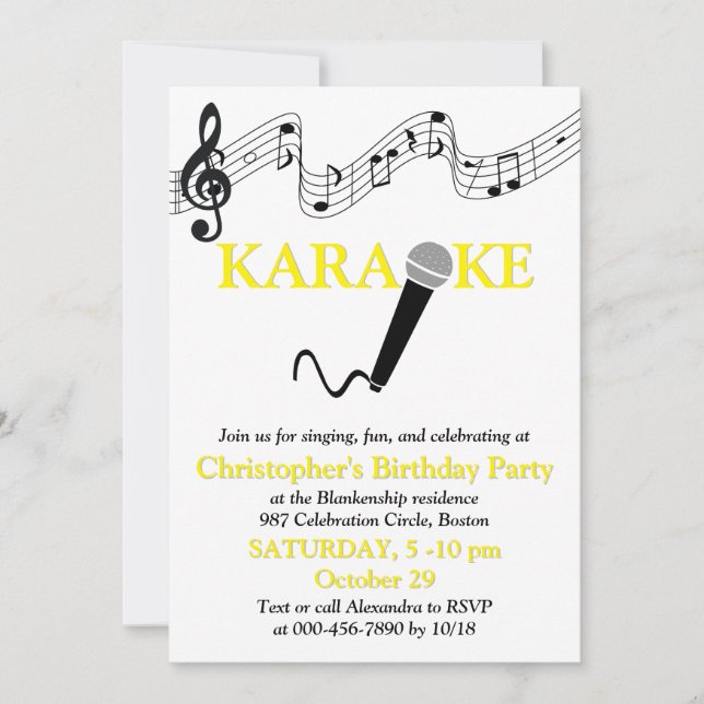 Karaoke Party Musical Scale Microphone Yellow Invitation (Front)