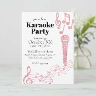 Karaoke Party Pink Glitter Music Notes on White Invitation