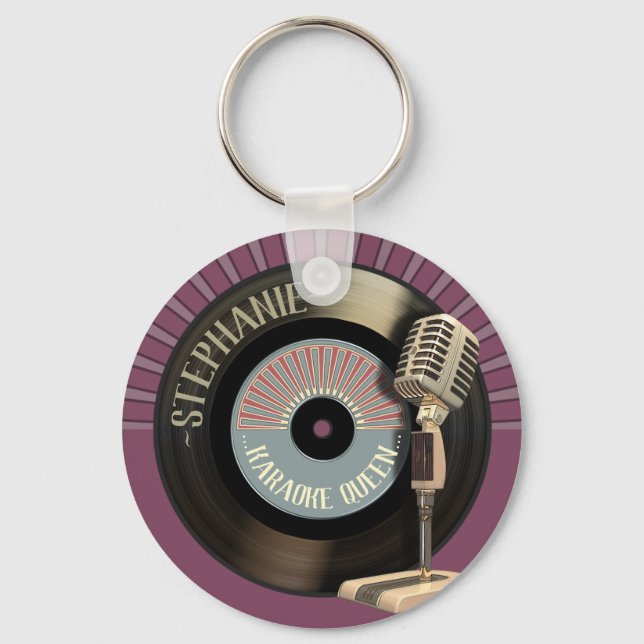 Karaoke Queen Funny Retro Record Key Ring (Front)