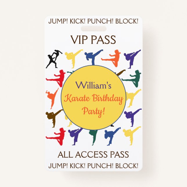 Karate Birthday Party VIP All Access Pass ID Badge (Front)