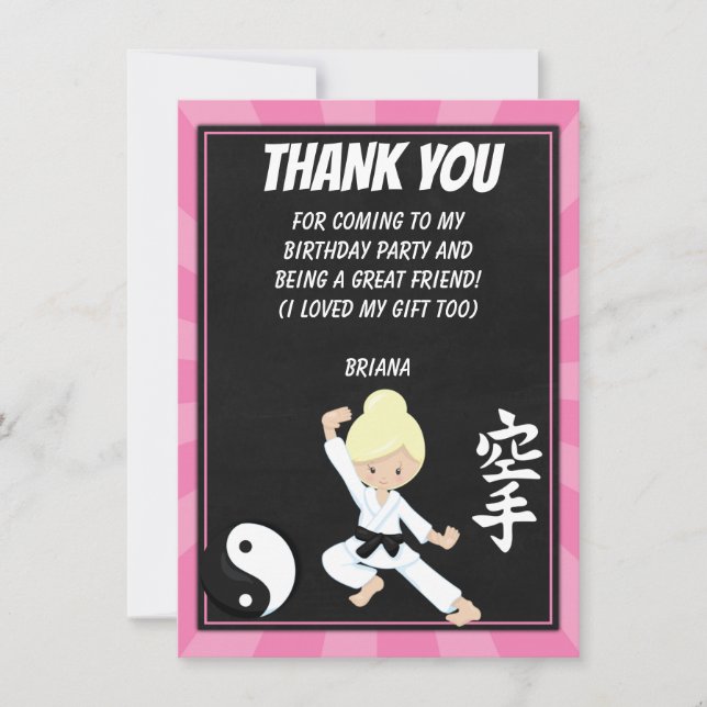 Karate Blonde Hair Girl Party Thank You Card  (Front)