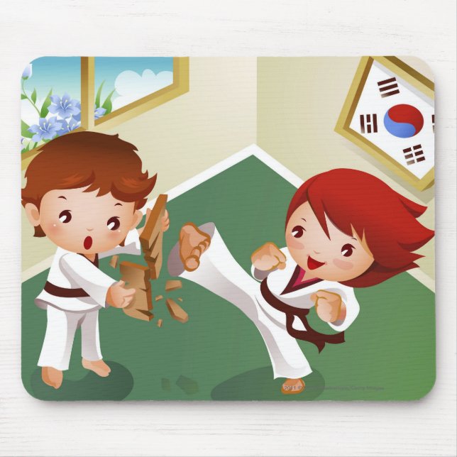 Karate boy holding wood with another breaking it mouse pad (Front)
