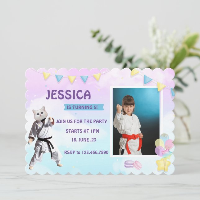 Karate Cat Birthday Party Girl Party Taekwondo Card (Standing Front)