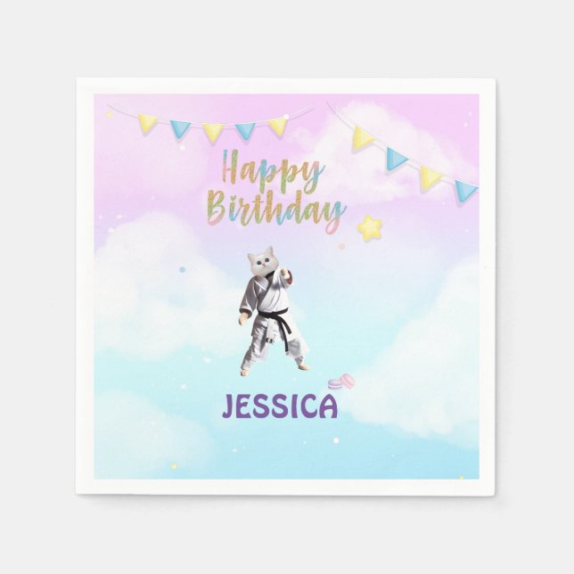 Karate Cat Birthday Party Girl Party Taekwondo Napkin (Front)