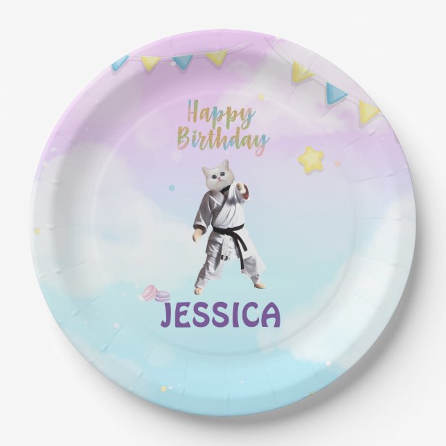 Karate Cat Birthday Party Girl Party Taekwondo  Paper Plate (Front)