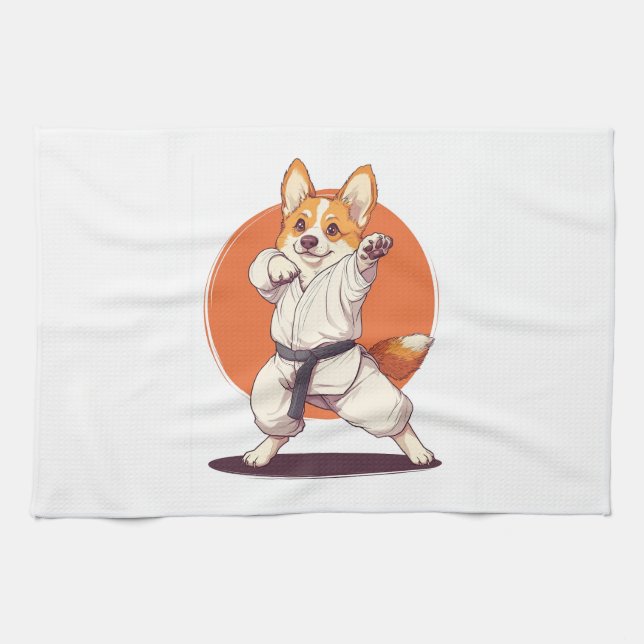 Karate Corgi � Martial Arts Dog Tea Towel (Horizontal)