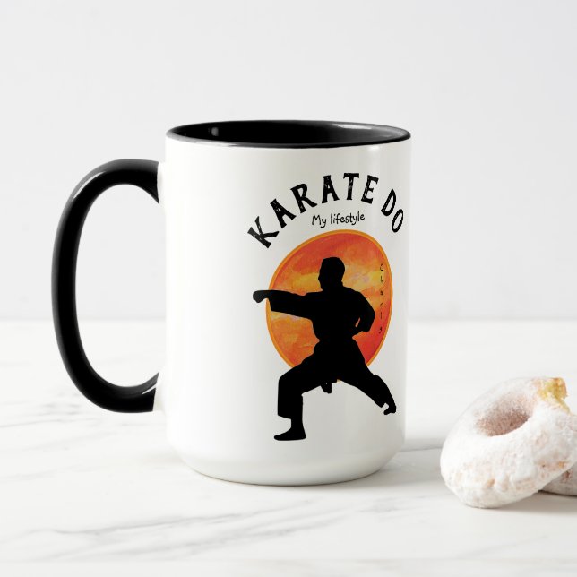 Karate Figure Personalised Modern Trendy Black Mug (With Donut)
