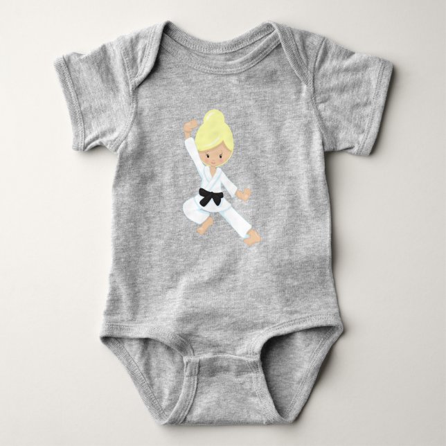 Karate Girl, Cute Girl, Black Belt, Blonde Hair Baby Bodysuit (Front)