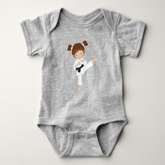 Karate Girl, Cute Girl, Brown Hair, Black Belt Baby Bodysuit (Front)
