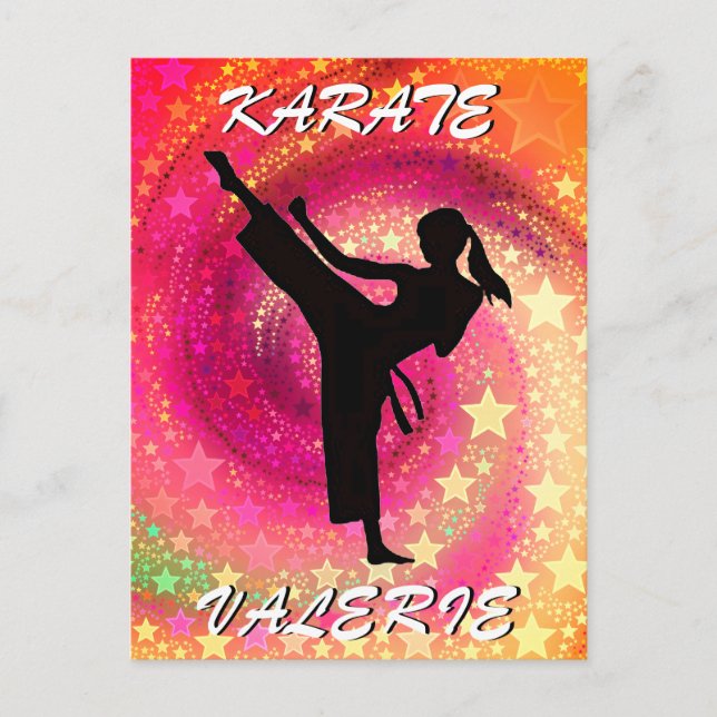 Karate Girl Kick Stars and Swirls Retro Postcard (Front)