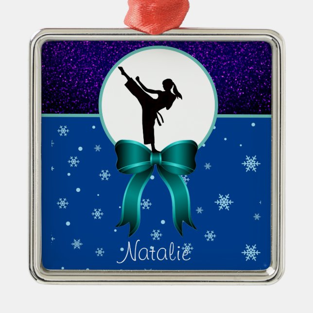 Karate Girls Glitter and Bow Snowflake   Metal Ornament (Front)