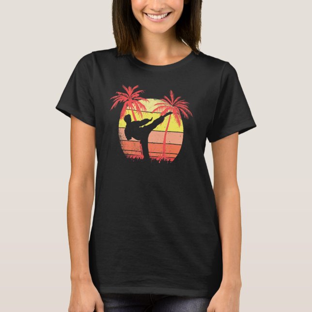 Karate High Kick Summer Sunset 80s Palm T-Shirt (Front)