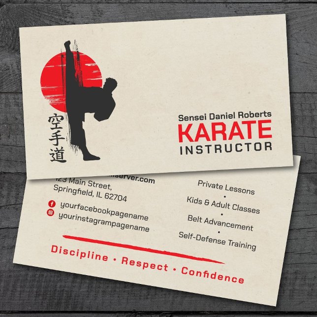 Karate instructor - Kanji and karateka silhouette  Business Card (Creator Uploaded)