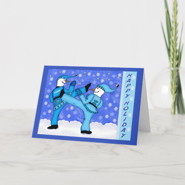 Karate Kicking Snowmen Holiday Greeting Card (Front)