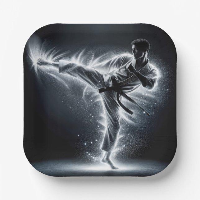 Karate Man With Neon Energy Light Trails Paper Plate (Front)