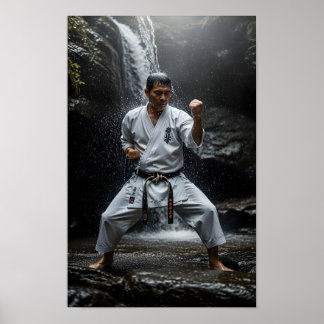 Karate Master Performing Kata Under Waterfall Poster