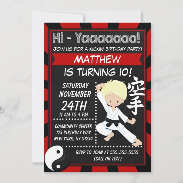 Karate Party Blonde Hair Boy Kids Birthday Party Invitation (Front)