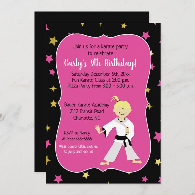Karate Party Girl Birthday Invites (Front/Back)