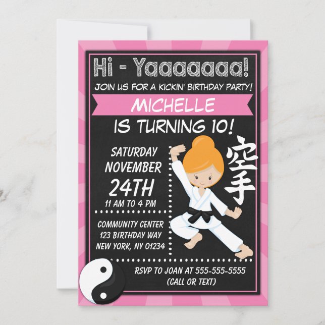 Karate Party Red Hair Girl Kids Birthday Party Invitation (Front)