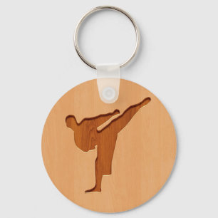 Karate silhouette engraved on wood effect key ring