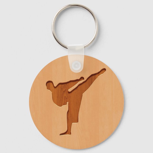 Karate silhouette engraved on wood effect key ring (Front)