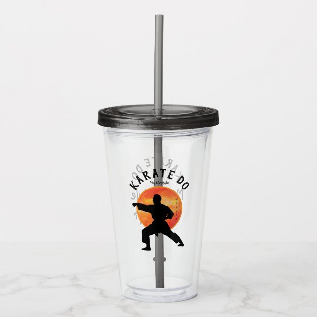 Karate Silhouette Name Personalised Modern Black Acrylic Tumbler (Front)
