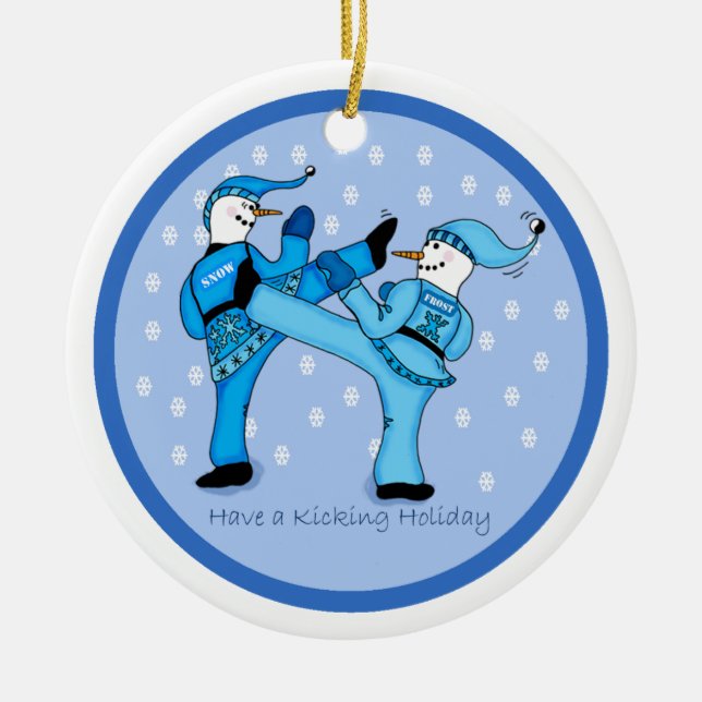 Karate Snowmen Sparring for the Holidays Ornament (Front)