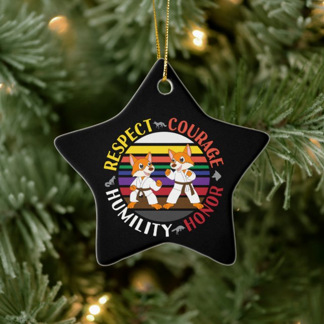Karate Values - Cute Sparring Fox Silhouettes Ceramic Ornament (Tree)