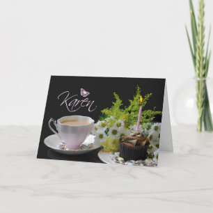 Karen Birthday Card with Cake Tea and Flowers