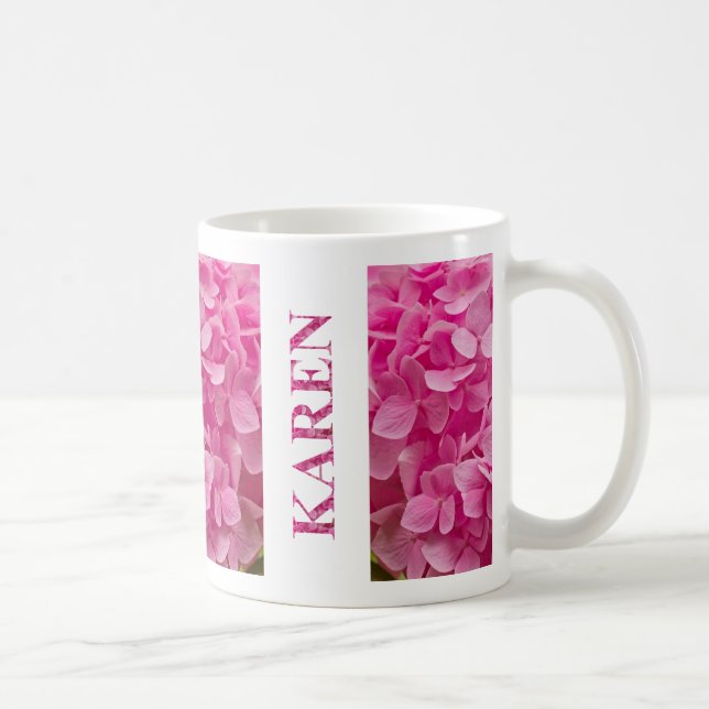 "Karen" in Pink Spring Hydrangea Letters & Flower Coffee Mug (Right)